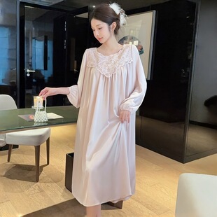 长款连衣裙女士夏季冰丝长袖睡裙性感蕾丝长裙美背宽松大码居家服
