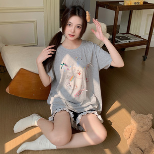 短裤 短袖 卡通圆领甜美可爱家居服两件套可外穿 薄款 睡衣女夏季