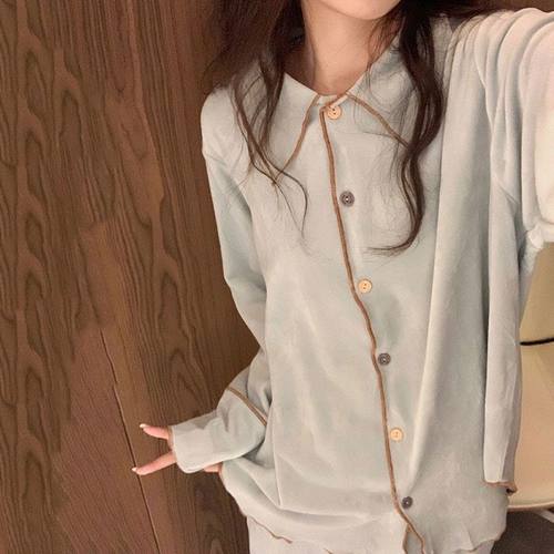 ins珊瑚绒睡衣女秋冬韩版简约加绒加厚长袖长裤法兰绒家居服套装