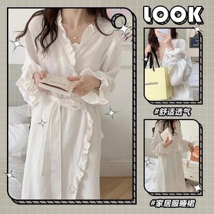 中长款 睡袍少女春秋季 简约甜美荷叶边长袖 新款 浴袍居家服睡衣 韩版