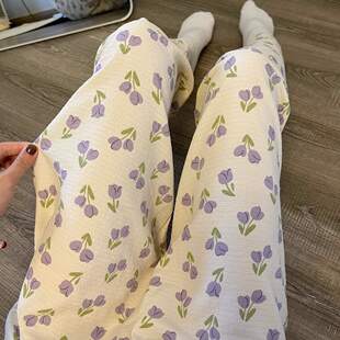 睡裤春天韩版新款小碎花印花春秋薄款休闲九分裤高腰垂感睡裤女潮