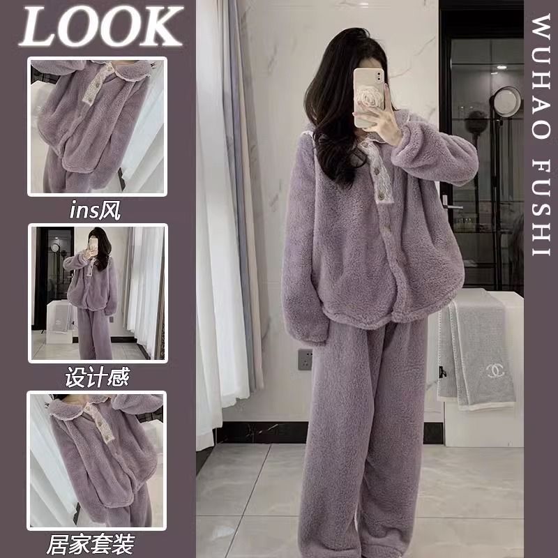 加厚睡衣女秋冬季珊瑚绒套装2025新款法兰绒娃娃领冬天家居服