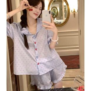 家居服套装 短裤 学生薄可外穿 甜美大翻领条纹碎花短袖 睡衣女夏韩版