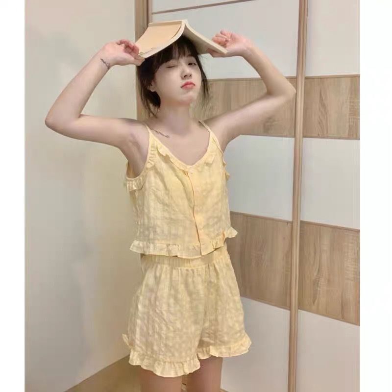 纯欲风少女ins情侣装泳衣短裤套装小个子纯棉睡1衣女夏季格子吊带