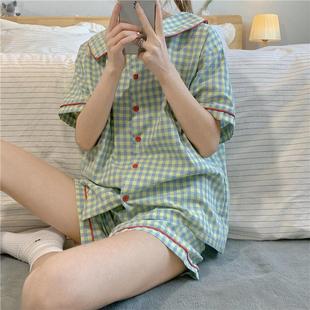 ins学生甜美小清新套装 新款 格子爆款 家居服. 简约睡衣女夏开衫 夏季