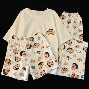 现货睡衣女圆领蜡笔小新春秋季 夏天三件套 宽松家居服短袖