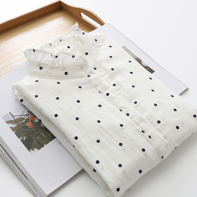 2026春季新品双层棉纱长袖衬衫女韩版宽松立领木耳边圆点柔软衬衣