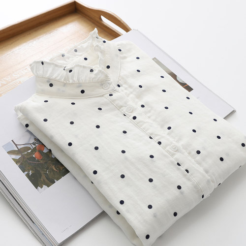 2025秋季新品双层棉纱长袖衬衫女韩版宽松立领木耳边圆点柔软衬衣