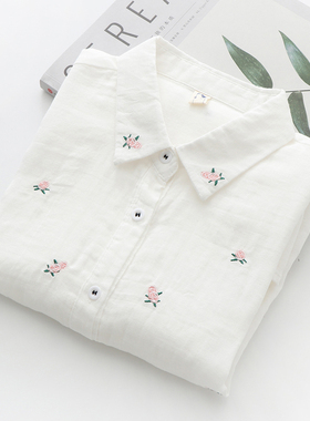 2025春秋装白色双层棉纱长袖衬衫女韩版文艺刺绣碎花全棉柔软衬衣