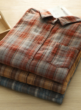 双层棉纱大格子衬衫女宽松百搭韩范文艺纯棉柔软女士翻领长袖衬衣