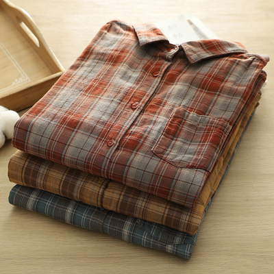 双层棉纱大格子衬衫女宽松百搭韩范文艺纯棉柔软女士翻领长袖衬衣