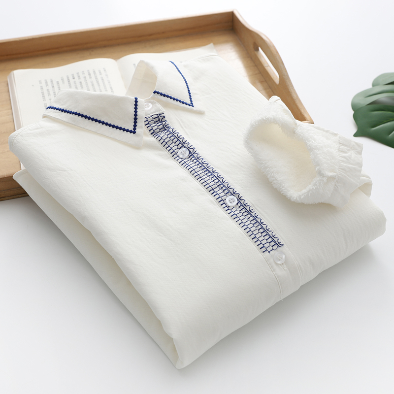 2021秋冬新款白色加绒女长袖衬衫