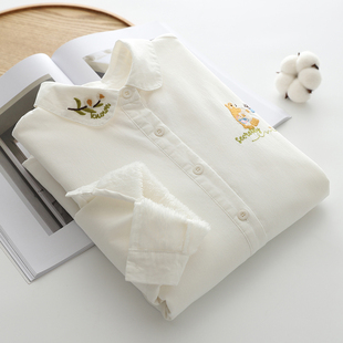 2025秋冬新款加绒长袖衬衫女刺绣小熊加厚保暖百搭文艺内搭衬衣