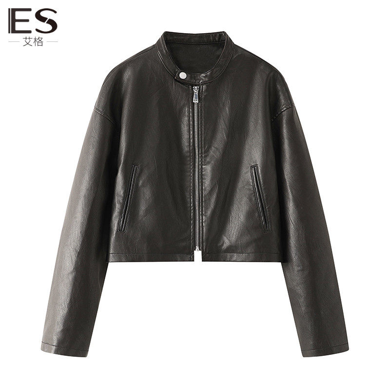艾格ES2024早春秋季新款美拉德风复古PU皮衣外套短夹克宽松上衣女