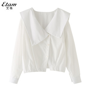 女2024春设计感简约小众上衣 Etam艾格白色法式 不规则大翻领衬衫
