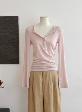 YUYUREAL 兰精天丝羊毛亨利领多纽扣长袖衫T恤修身v领纯欲上衣女