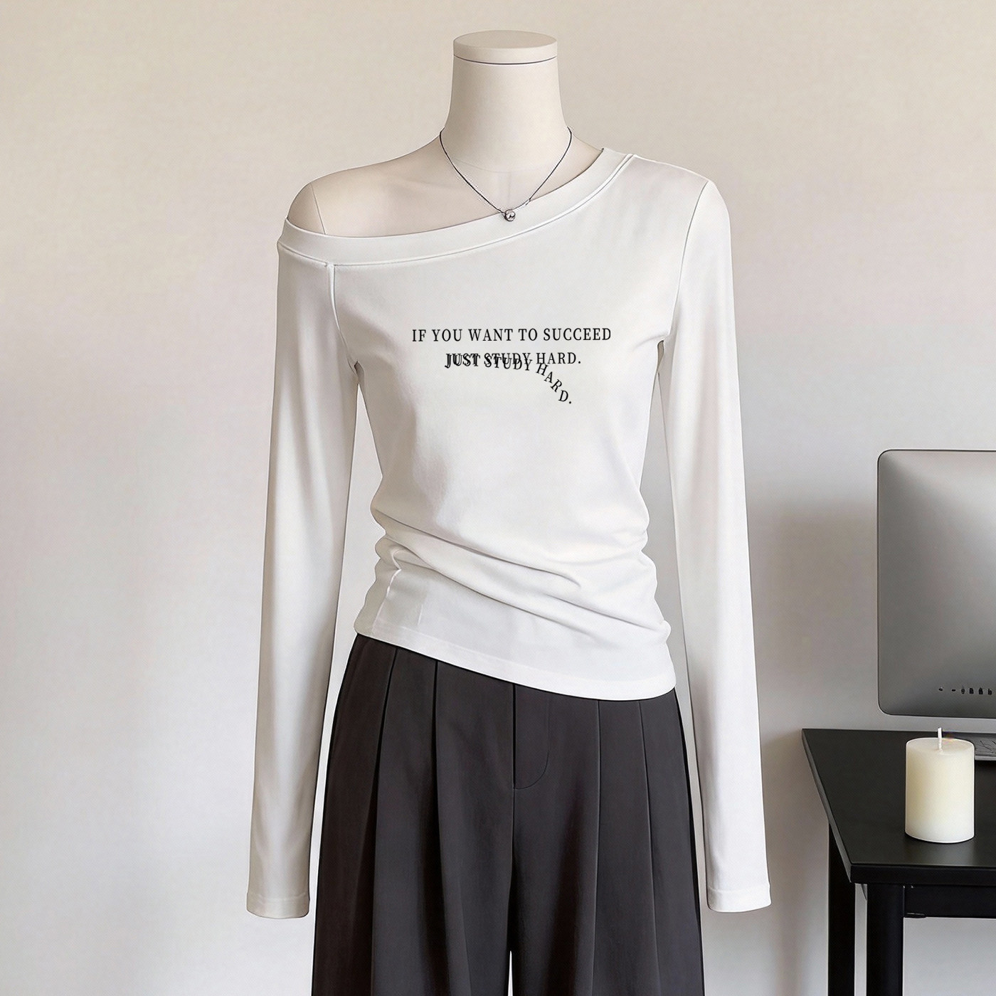 设计感斜肩长袖T恤女修身打底衫2026春季新款性感露肩内搭上衣潮,女装/女士精品,T恤,淘宝优惠券,粉丝福利购,淘宝优惠卷