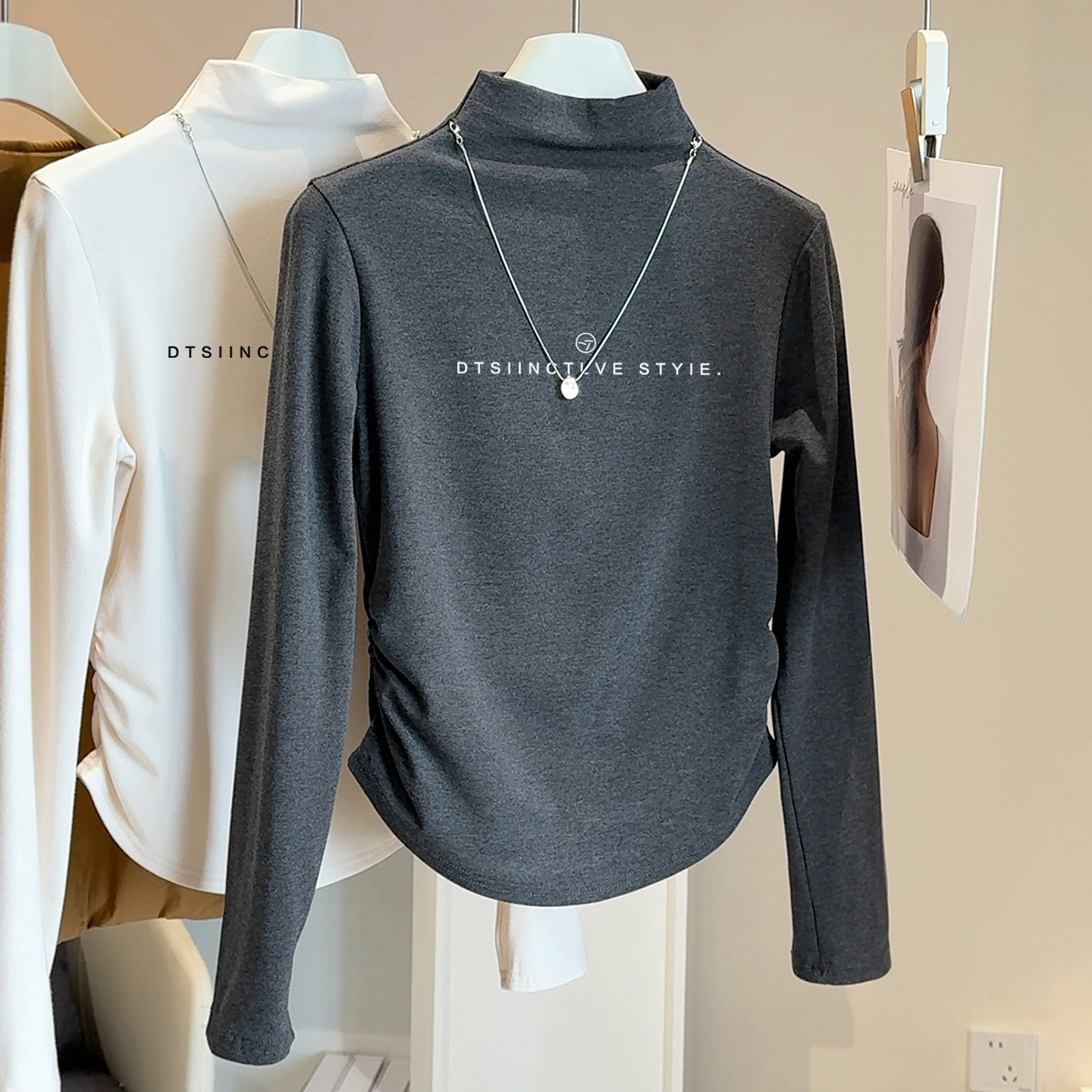 韩式简约休闲半高领带项链长袖女