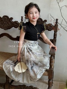 女童新中式 专柜品牌2024春夏新款 国风马面半裙短袖 儿童节演出服