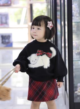 女童套头毛衣蝴蝶结格纹毛呢套装