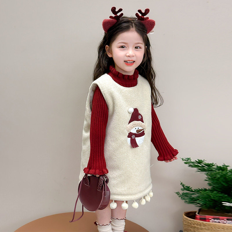 2026儿童年服可爱雪人圣诞背心裙套装女宝宝洋气毛衣秋冬新款