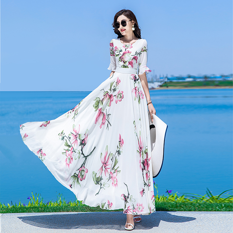 2023夏季新款水墨印花雪纺连衣裙高级感显瘦度假长裙到脚踝超长款