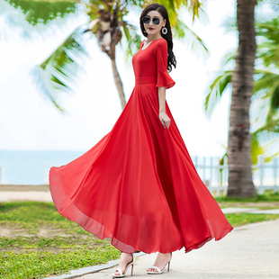 大摆超仙显瘦旅游度假沙滩长裙 长款 雪纺连衣裙红色女2025新款 夏季