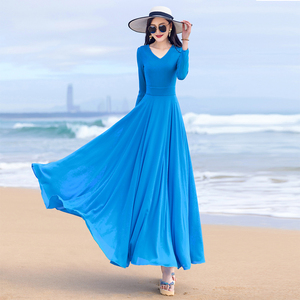 2025夏季新款长袖气质雪纺显瘦长款大摆连衣裙脚踝沙滩裙长裙飘逸