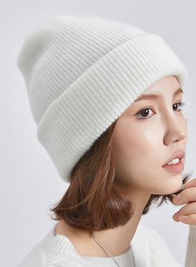 100%山羊绒女秋冬季保暖百搭简约护耳粗针织帽宽松帽子