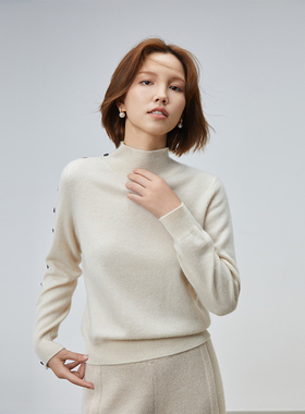 100%山羊绒女亲肤设计感舒适宽松高领排扣长袖套衫
