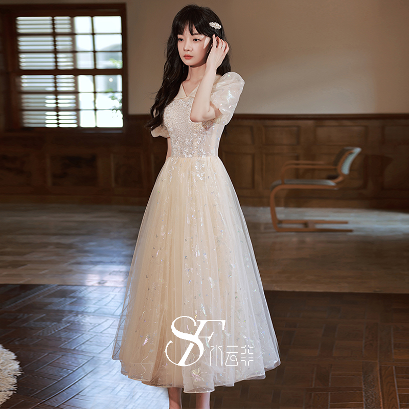 年会晚礼服女泡泡袖网纱裙高级感