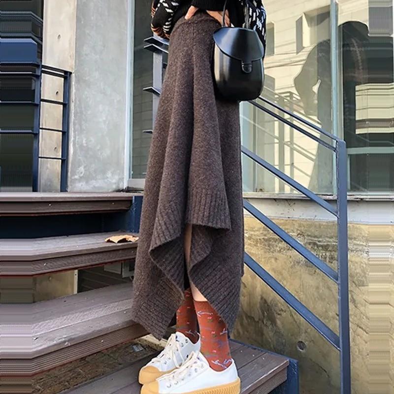 加厚毛线针织半身裙女冬季2024年中长款宽松不规则a字裙百搭长裙