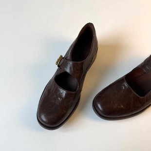 牛皮版~复古黑色通勤玛丽珍鞋女圆头粗跟真皮百搭一字扣带小皮鞋