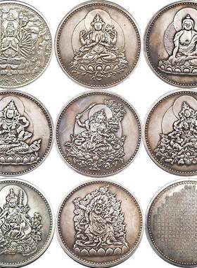 千手观音佛像仿古银元纪念币创意雕刻旧铜币收藏心经工艺品