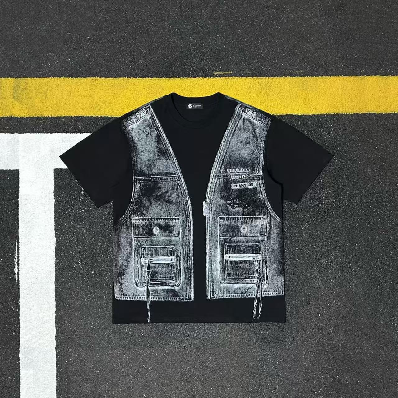 美式复古全棉假两件马甲印花短袖T恤男宽松重磅潮牌上衣