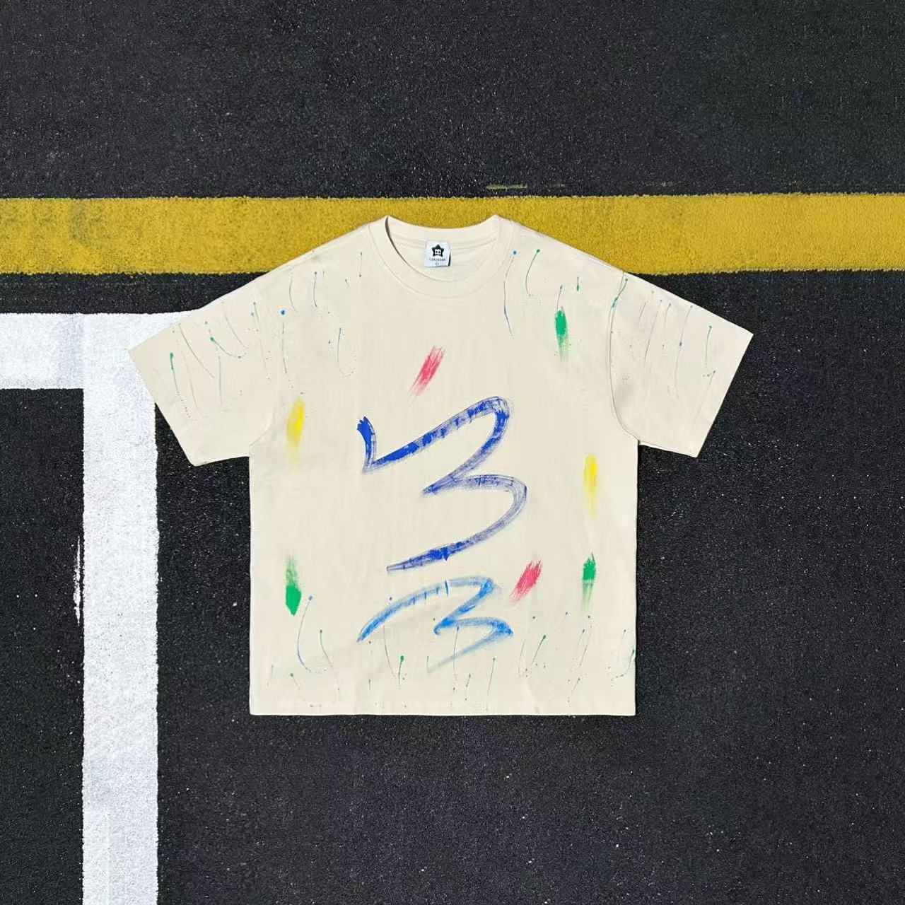 美式全棉涂鸦风短袖T恤男女宽松圆领彩色泼墨做旧潮牌上衣