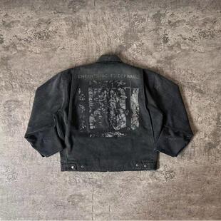 美式 底特律翻领造旧磨破短宽罗曼蒂克印花秋冬工装夹克外套