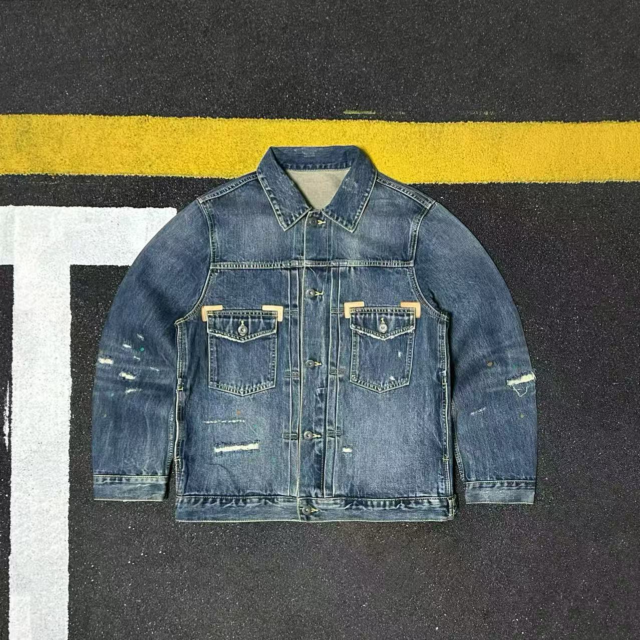 日系重磅赤耳复古工装牛仔外套男宽松磨破做旧翻领夹克潮流青年