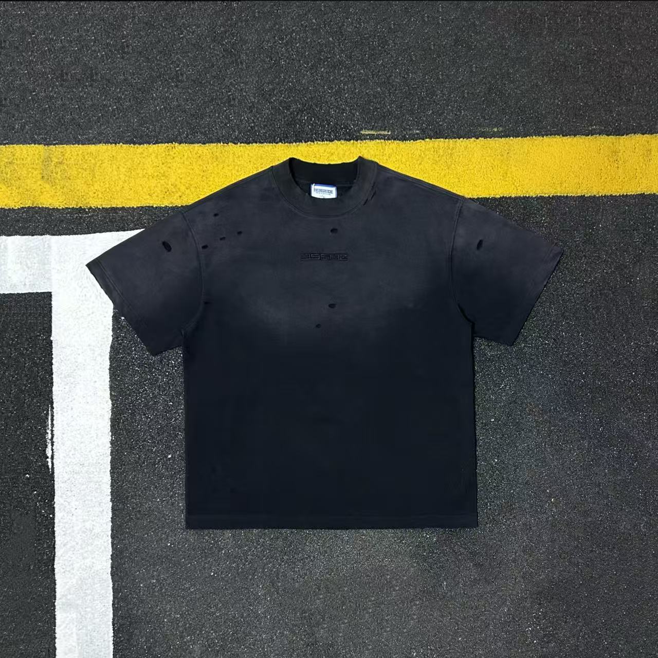 美式高街风重磅全棉水洗做旧刺绣字母短袖T恤男女宽松街头圆领