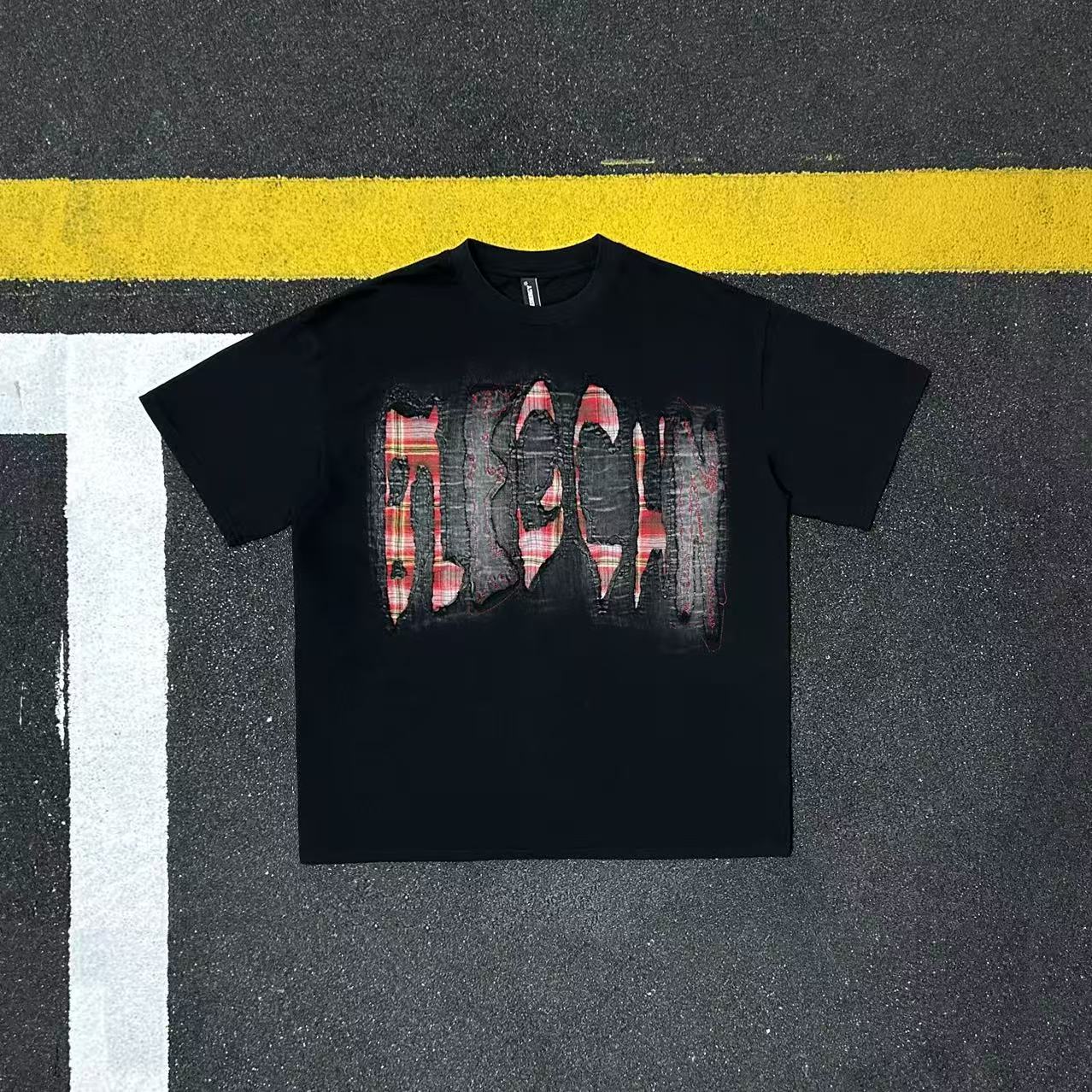 美式重磅纯棉短袖T恤朋克潮流破坏补丁贴布字母上衣男夏季