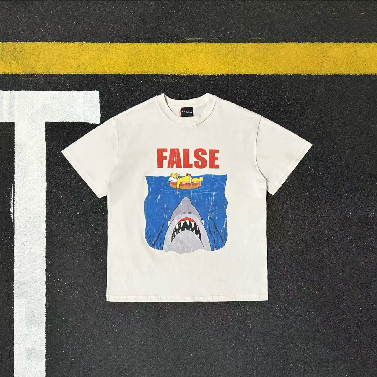 美式重磅全棉休闲风鲨鱼印花短袖T恤男女宽松落肩袖潮牌卡通上衣