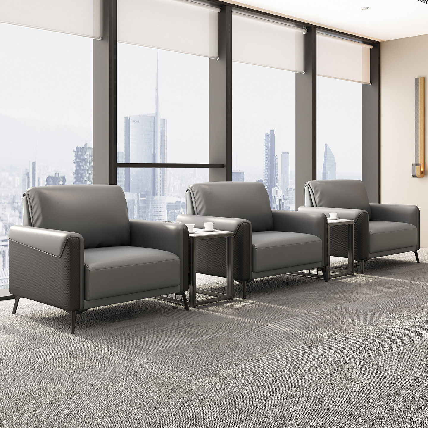 现代简约皮质单人沙发客厅办公室商务接待灰色休闲