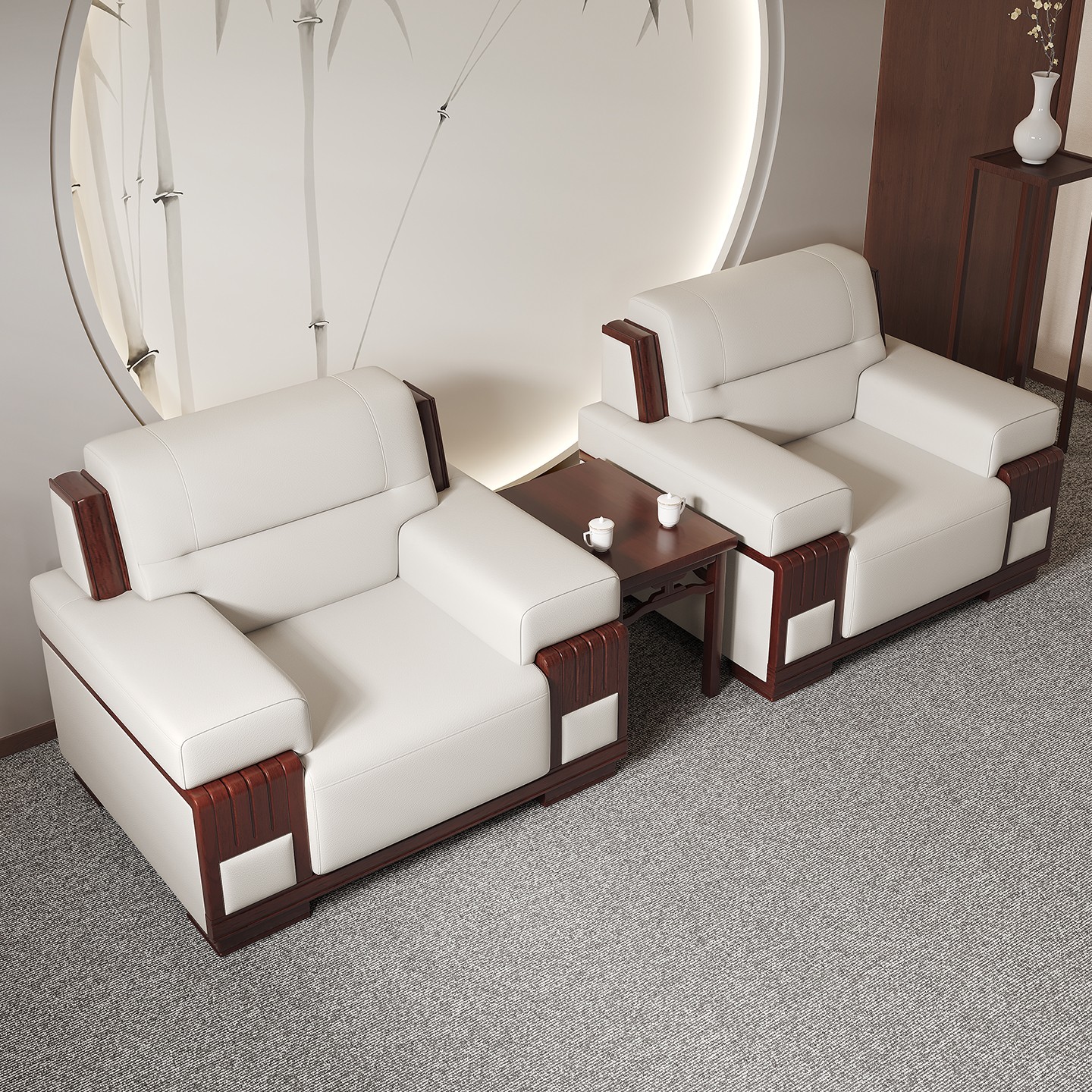 新中式实木单人位沙发茶几组合