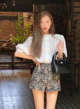 SourceWithU南洋千金 80天丝复古泡泡袖衬衫女短款法式设计感上衣