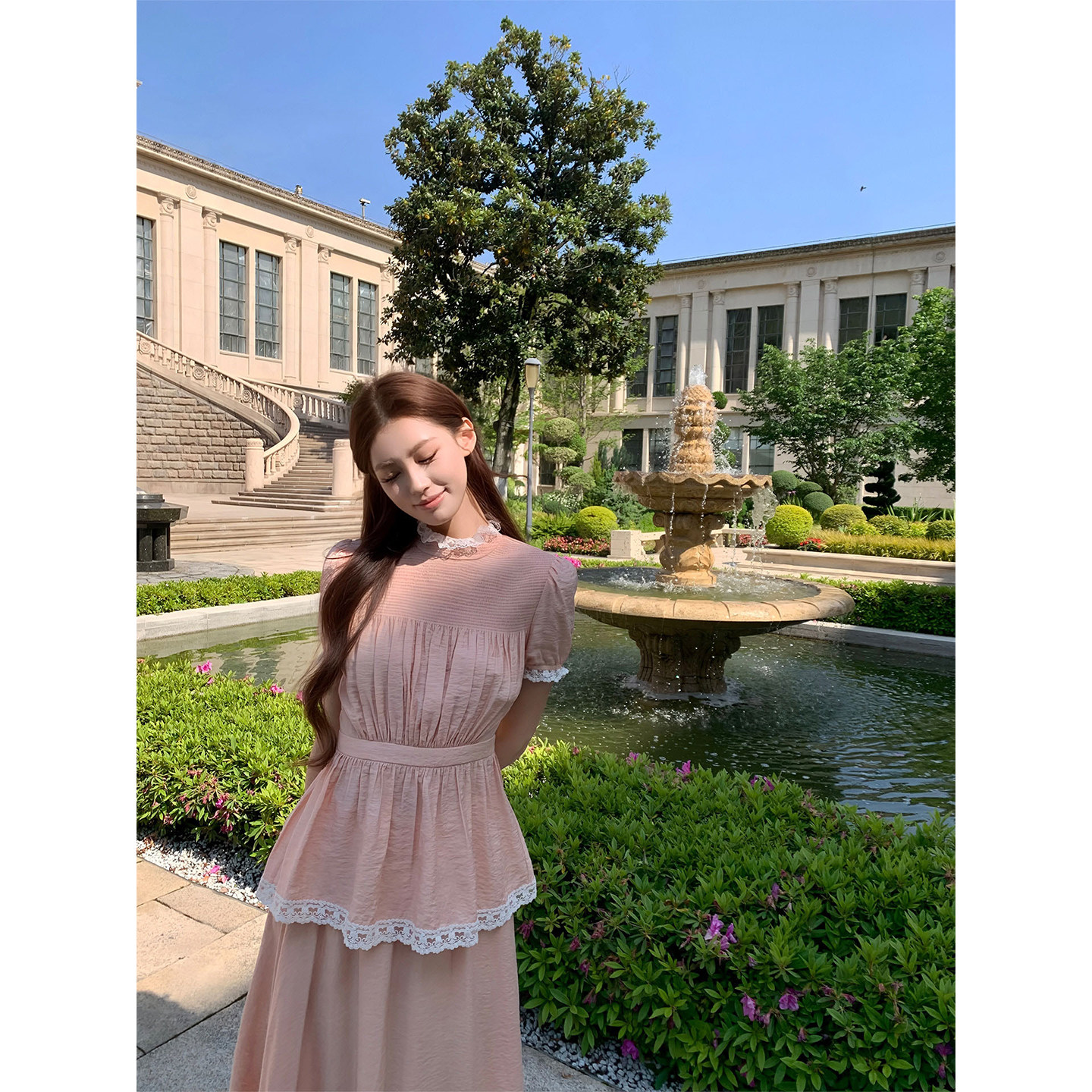 SourceWithU欧尼归来 莱赛尔天丝柚子粉收腰上衣蕾丝半裙温柔套装