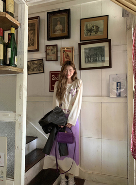 SourceWithU 一眼沦陷 气质后开衩紫色半身裙印花拼接设计感长裙