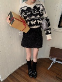 SourceWithU 梧桐区 气质仿鸵鸟长毛绒A字黑色设计感半身裙