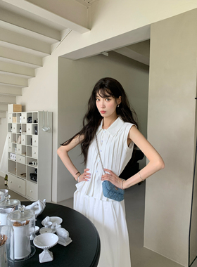 SourceWithU 巴吉纳少女 纯棉风琴褶白色短袖衬衫气质半身裙套装