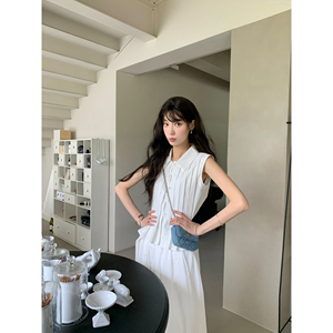 SourceWithU 巴吉纳少女 纯棉风琴褶白色短袖衬衫气质半身裙套装