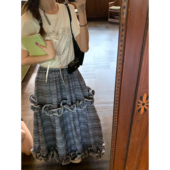 纯棉蓝色提花伞裙长款 SourceWithU 表参道午后 格纹花边半身裙女